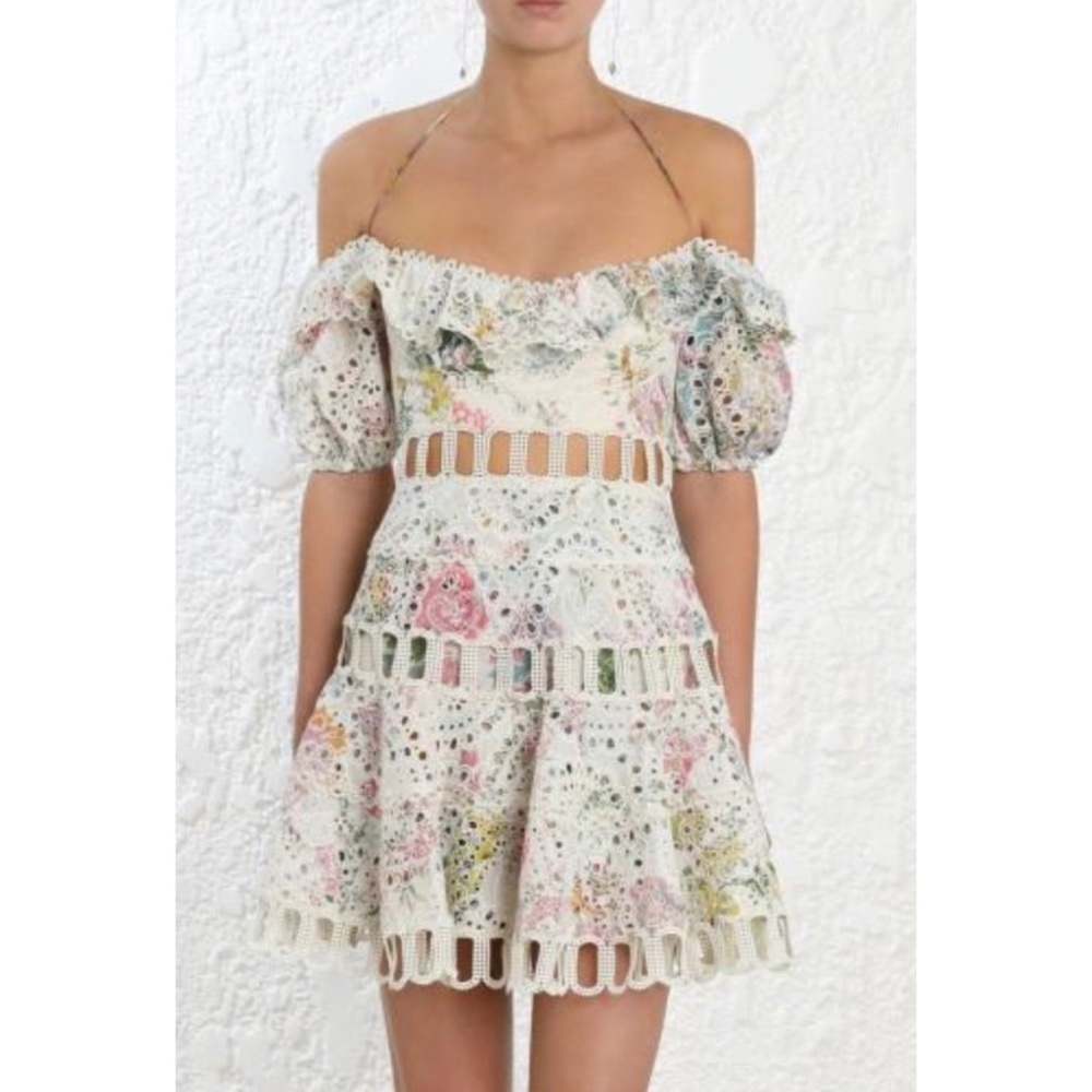 Zimmermann White Floral Print Heathers Off-the-shoulder Dress